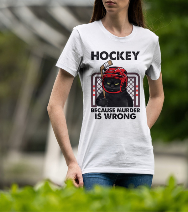 Hockey Cat In Red Helmet Because Murder Is Wrong T-Shirt