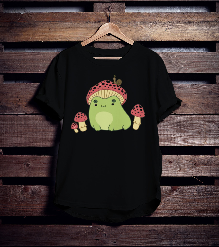 Kawaii Frog Wearing Mushroom Hat With Snail And Red Mushrooms T-Shirt