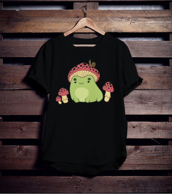 Kawaii Frog Wearing Mushroom Hat With Snail And Red Mushrooms T-Shirt