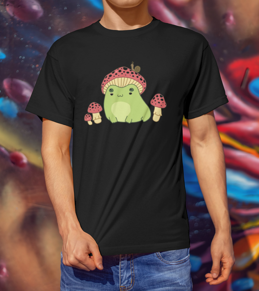 Kawaii Frog Wearing Mushroom Hat With Snail And Red Mushrooms T-Shirt