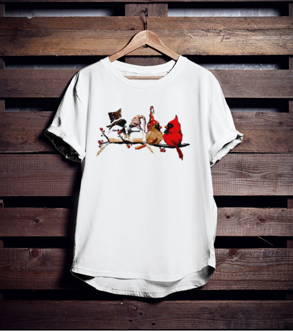 Cardinals Chickadees Christmas Birds On Branch With Festive Hats T-Shirt