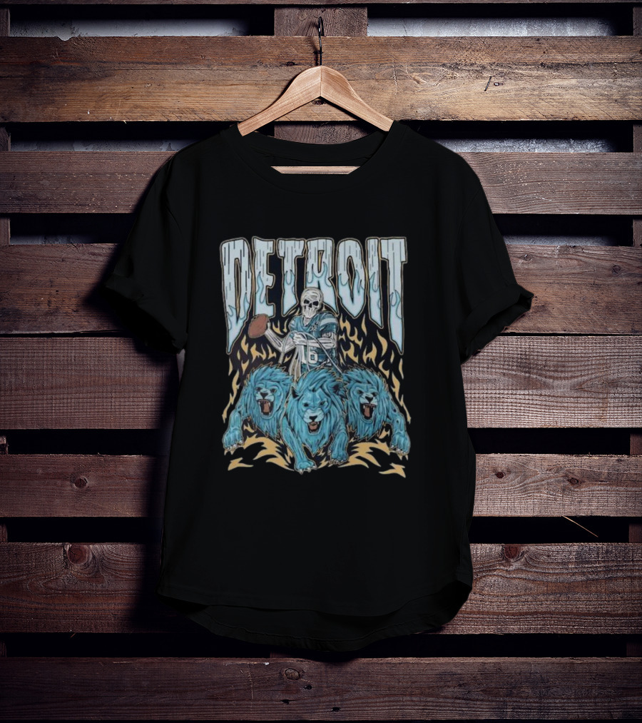 Detroit Skull Quarterback With Football And Blue Lions T-Shirt