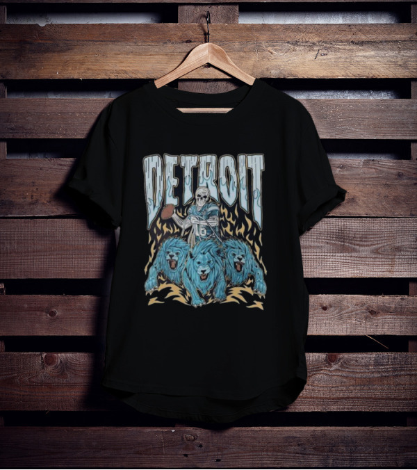 Detroit Skull Quarterback With Football And Blue Lions T-Shirt