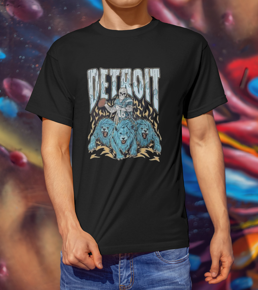 Detroit Skull Quarterback With Football And Blue Lions T-Shirt