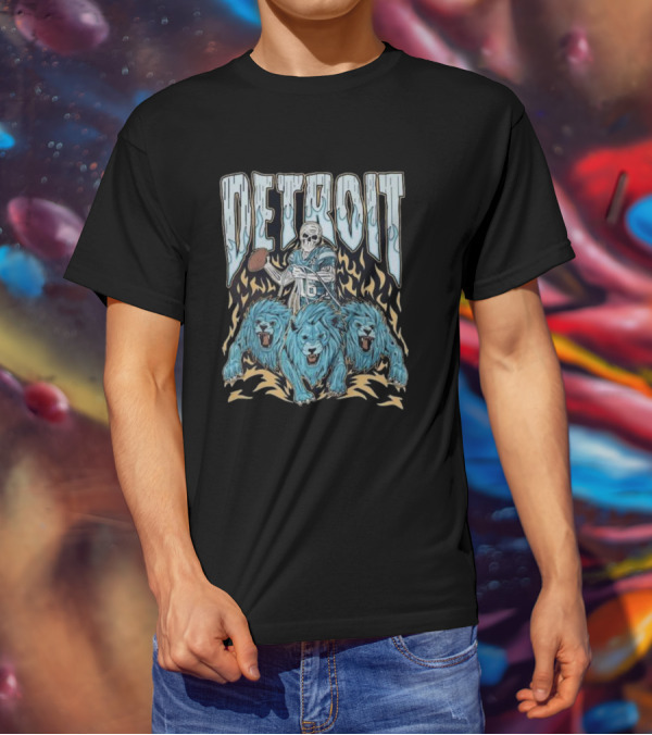 Detroit Skull Quarterback With Football And Blue Lions T-Shirt