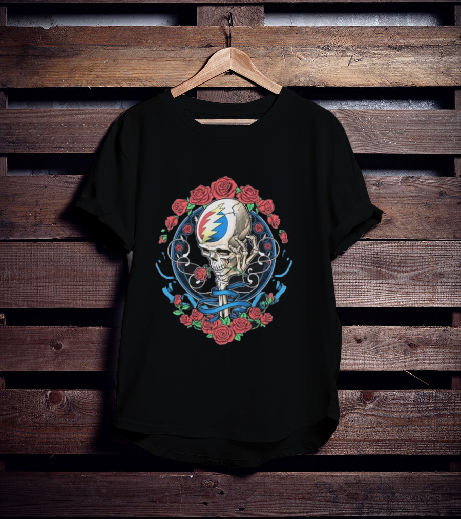 Original Grateful Dead Steal Your Face Nouveau Skull With Roses And Lightning Bolt Emblem T-Shirt