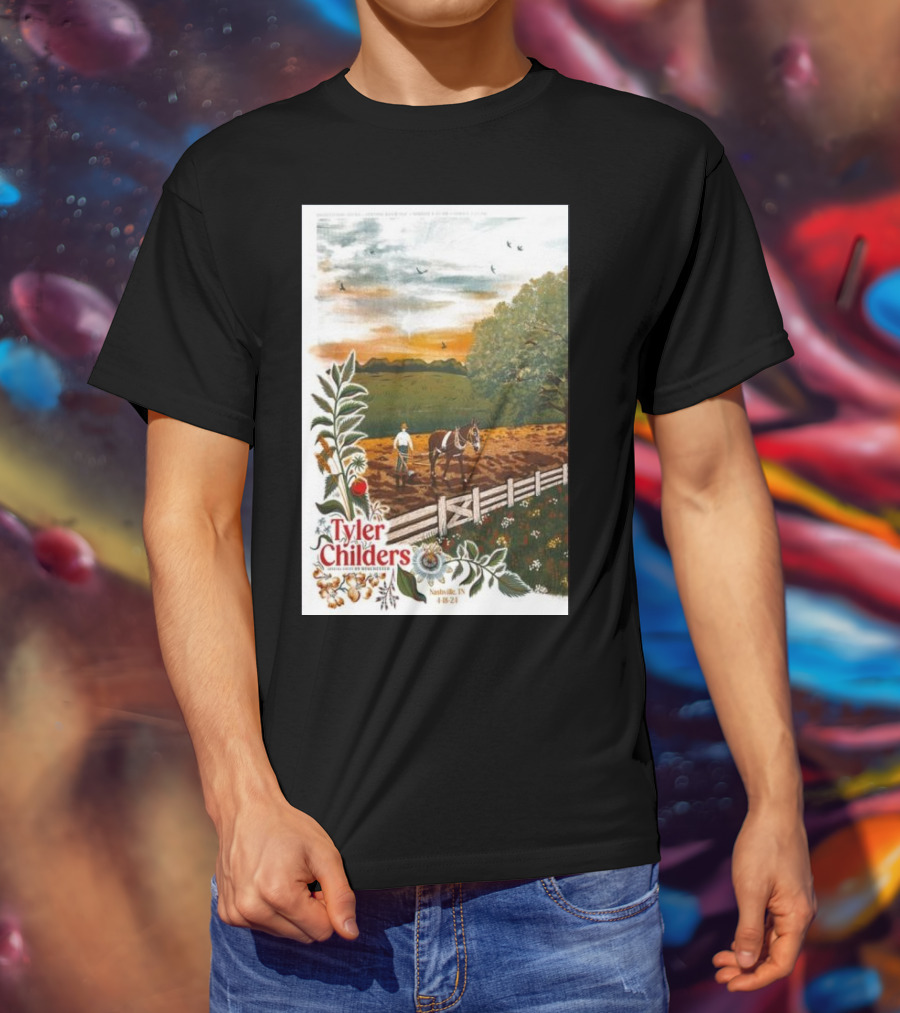 Tyler Childers Nashville TN 4 18 23 Horse Farm Scene With Flowers T-Shirt