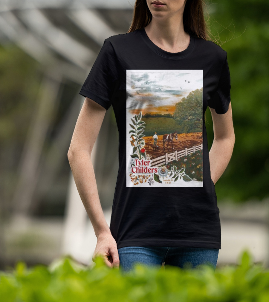 Tyler Childers Nashville TN 4 18 23 Horse Farm Scene With Flowers T-Shirt