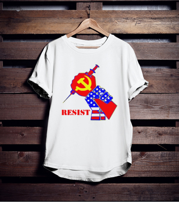 RESIST Communist Hammer And Sickle American Flag Fist Syringe T-Shirt