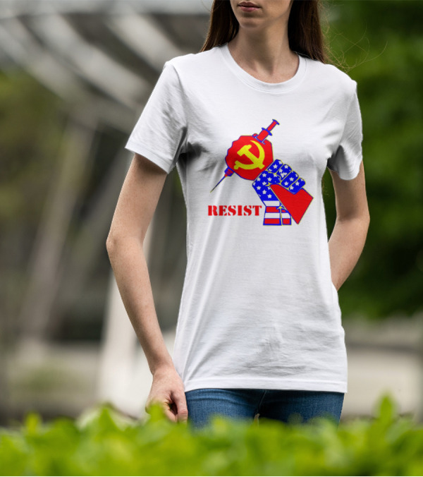 RESIST Communist Hammer And Sickle American Flag Fist Syringe T-Shirt