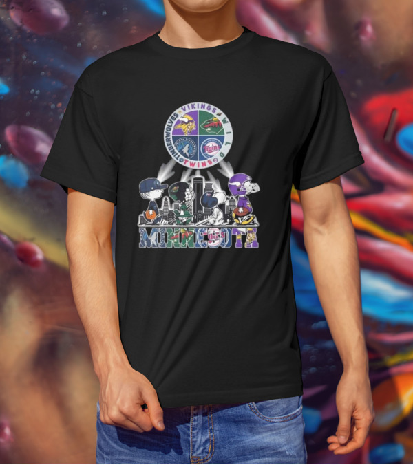 Snoopy Minnesota Vikings Timberwolves Wild Twins Cityscape T-Shirt