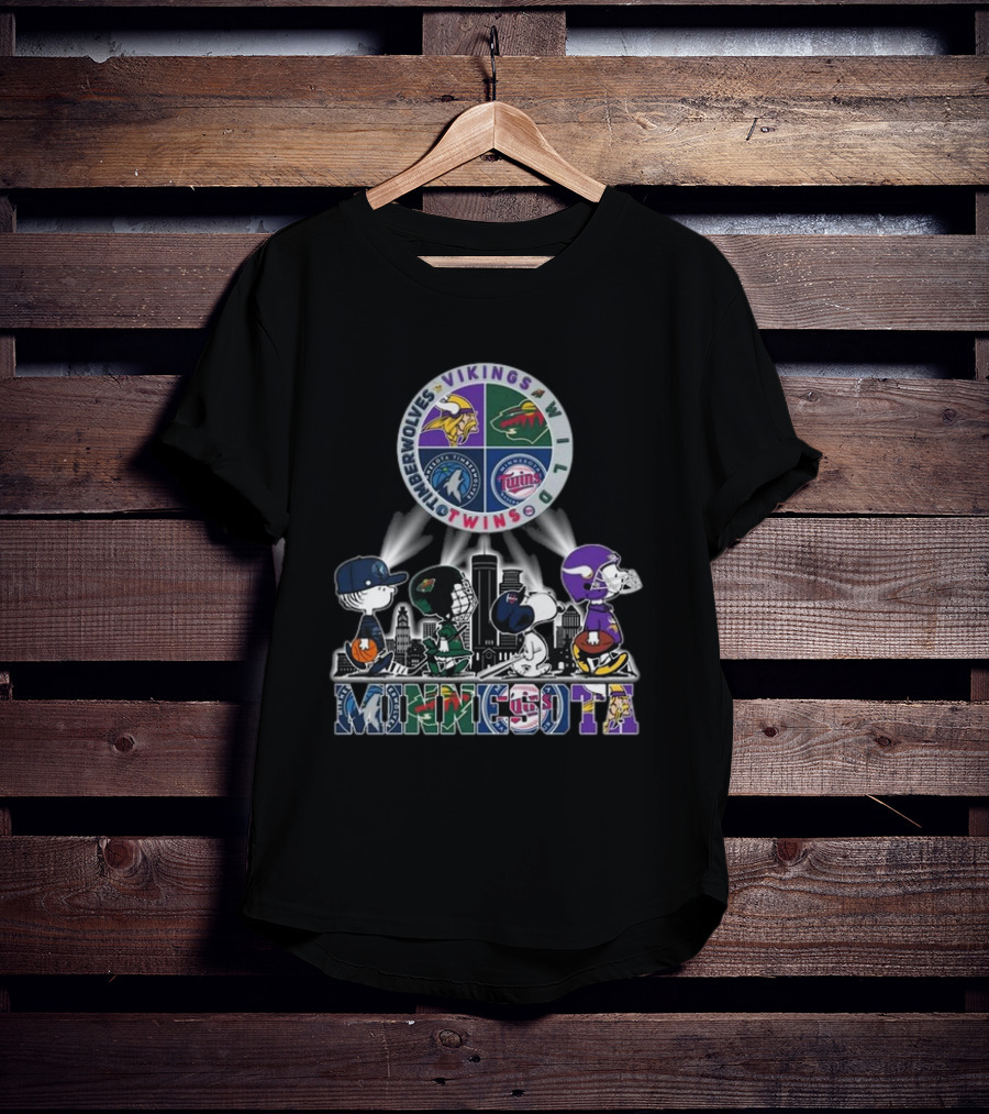Snoopy Minnesota Twins Vikings Wild Timberwolves Peanuts Sports Logos Skyline T-Shirt
