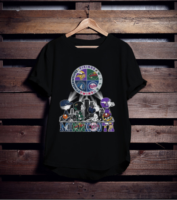 Snoopy Minnesota Twins Vikings Wild Timberwolves Peanuts Sports Logos Skyline T-Shirt