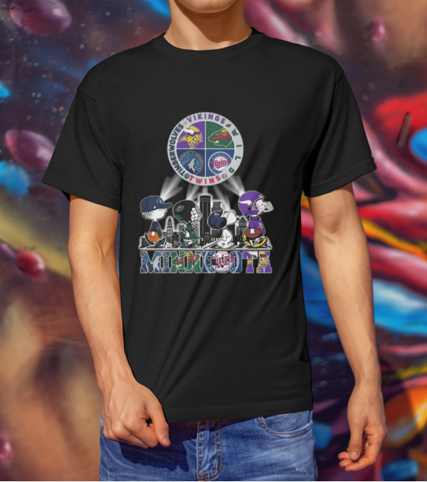 Snoopy Minnesota Twins Vikings Wild Timberwolves Peanuts Sports Logos Skyline T-Shirt