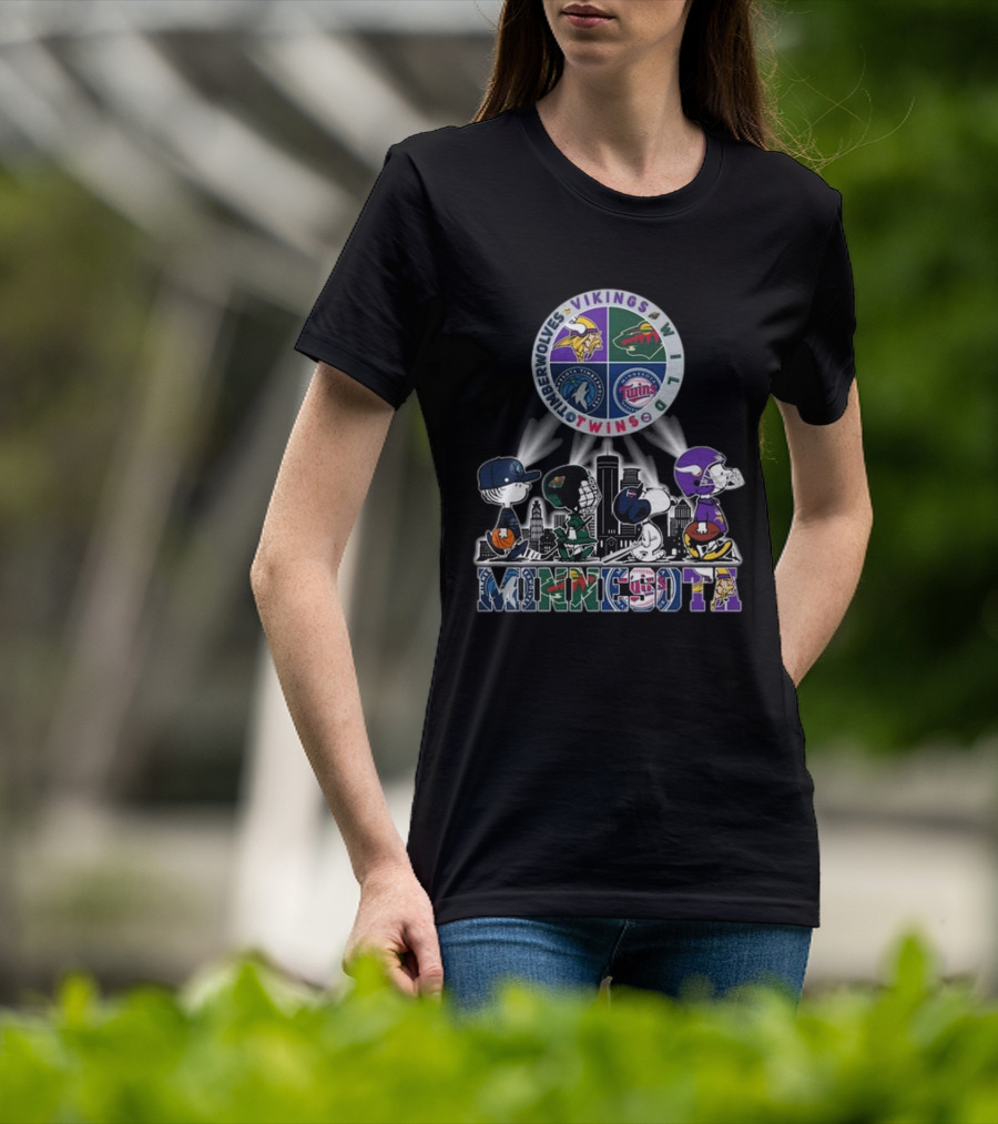 Snoopy Minnesota Twins Vikings Wild Timberwolves Peanuts Sports Logos Skyline T-Shirt