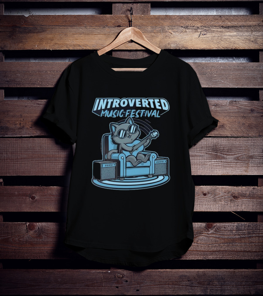 Introverted Music Festival Cat Playing Guitar On Couch With Amplifier T-Shirt