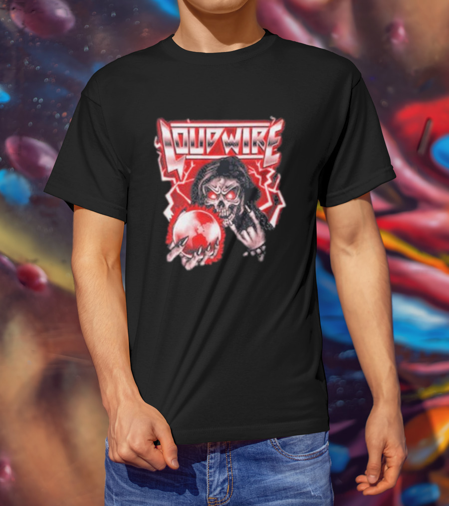 Loudwire 80s Metal Skull And Lightning Sphere Rock Hand T-Shirt