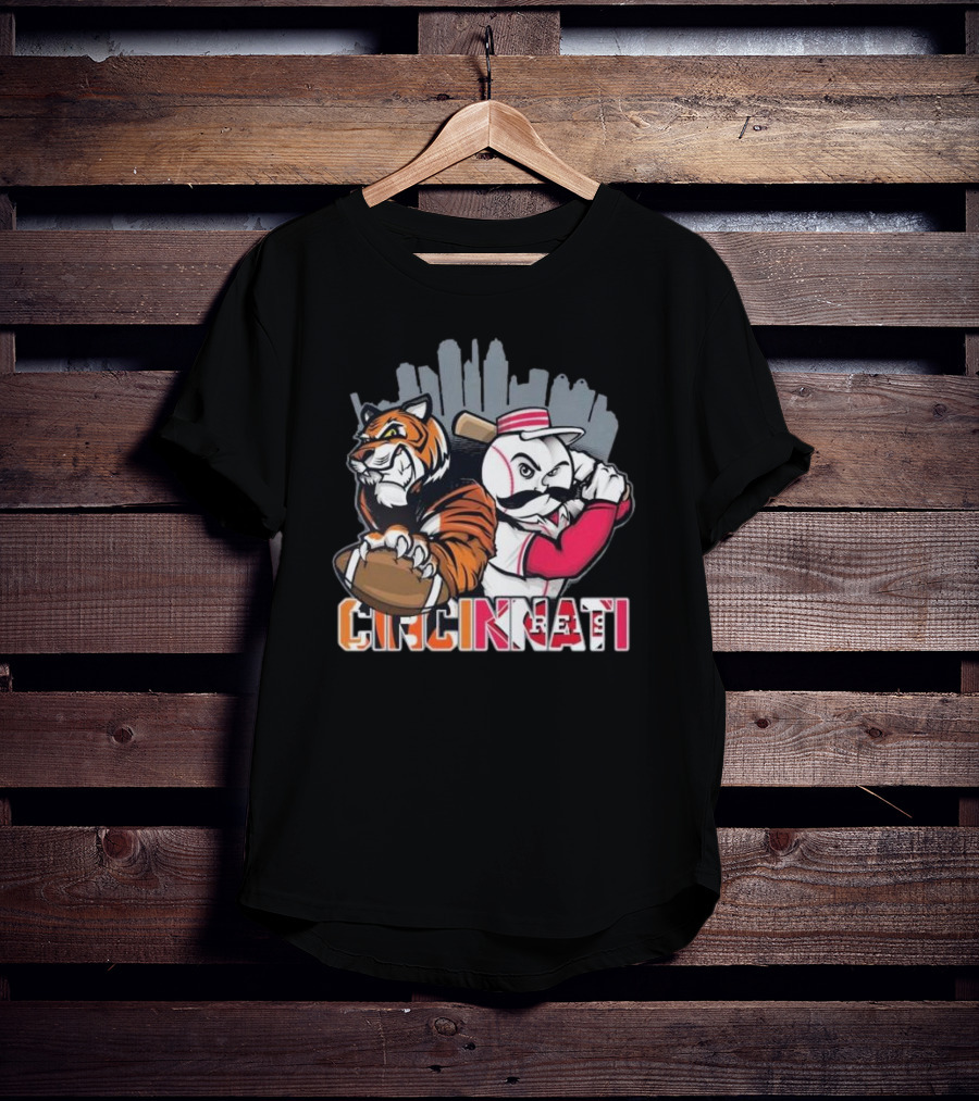 Cincinnati Bengals Tiger With Football And Mr. Redlegs Baseball Skyline T-Shirt