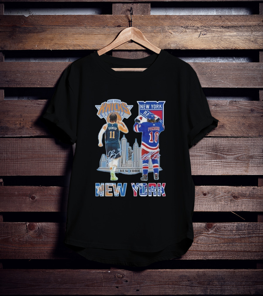 New York Knicks Brunson Rangers Panarin New York City Skyline Signatures T-Shirt