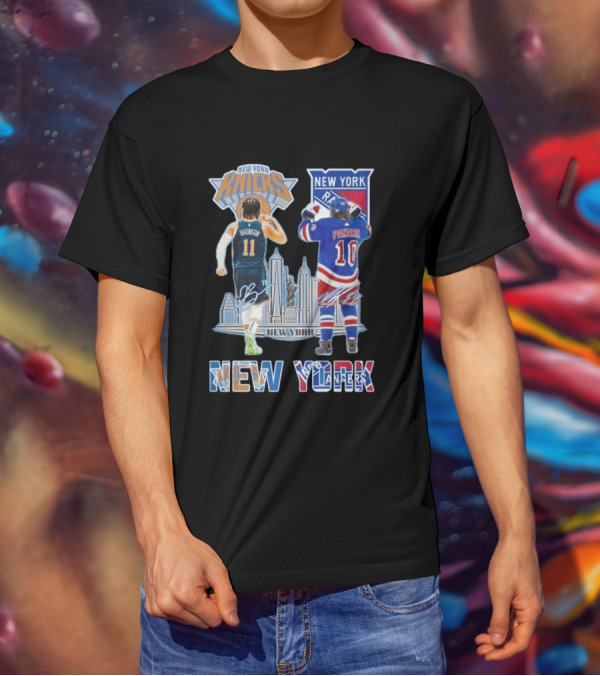 New York Knicks Brunson Rangers Panarin New York City Skyline Signatures T-Shirt