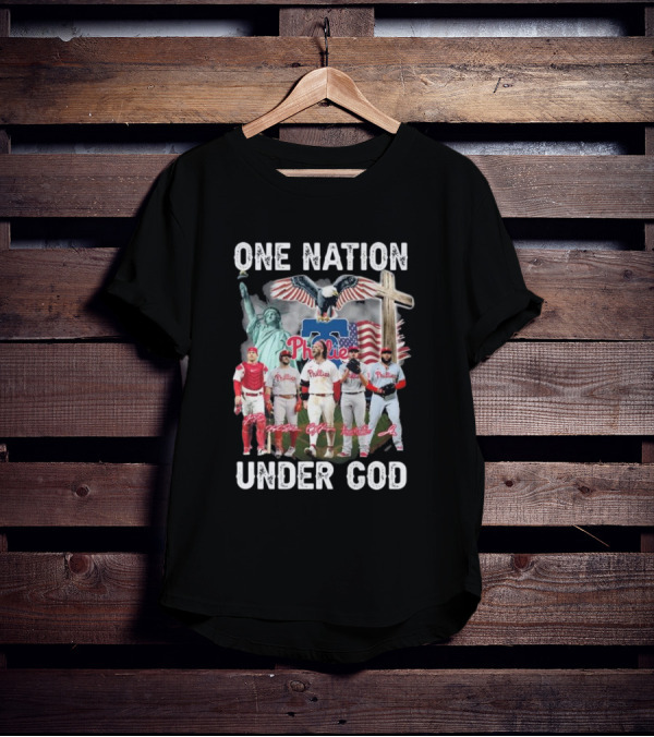 Philadelphia Phillies One Nation Under God Flag Statue Cross Signatures T-Shirt