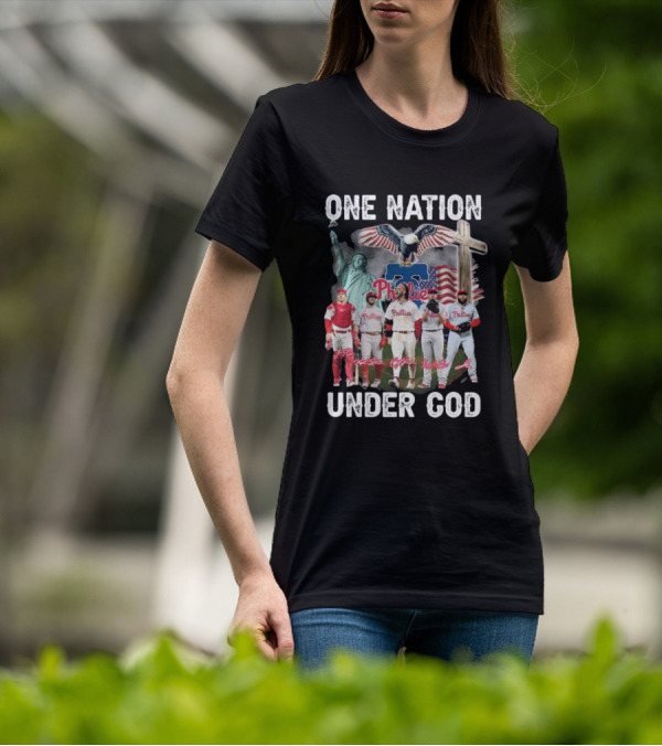 Philadelphia Phillies One Nation Under God Flag Statue Cross Signatures T-Shirt