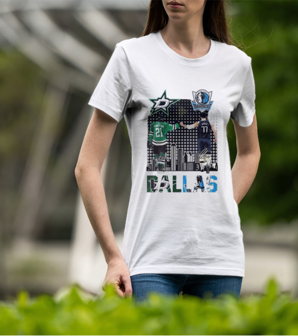 Dallas Stars Mavericks Robertson Doncic Skyline Signatures T-Shirt