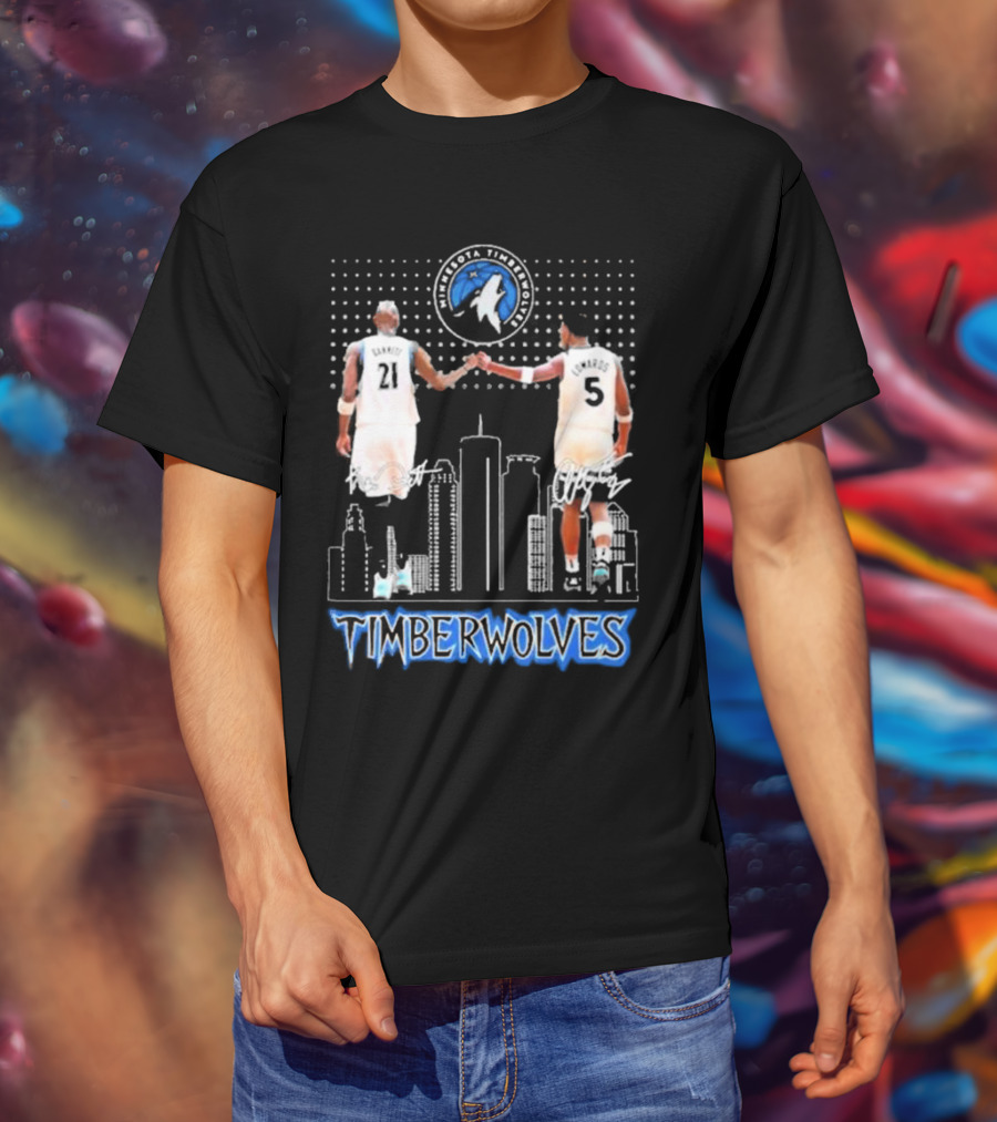 Minnesota Timberwolves Kevin Garnett Anthony Edwards Signatures City Skyline T-Shirt