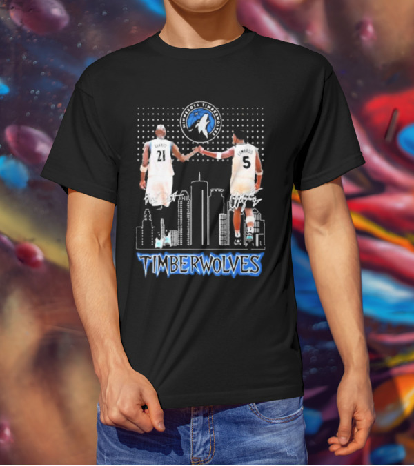Minnesota Timberwolves Kevin Garnett Anthony Edwards Signatures City Skyline T-Shirt