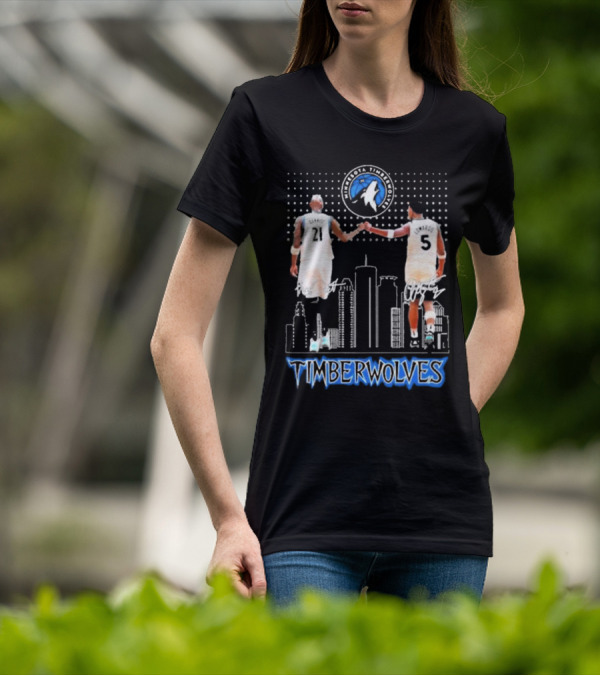 Minnesota Timberwolves Kevin Garnett Anthony Edwards Signatures City Skyline T-Shirt