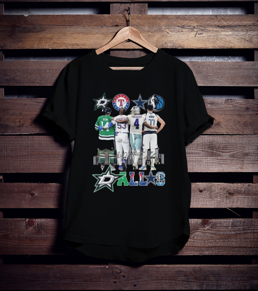 Dallas Stars Texas Rangers Cowboys Mavericks Benn Prescott Ware Doncic Signatures T-Shirt