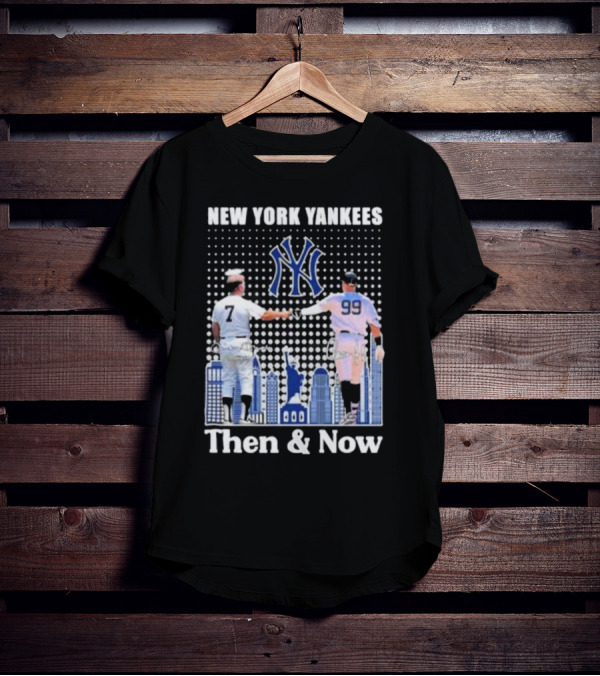 New York Yankees Then And Now Mickey Mantle 7 Aaron Judge 99 Signatures T-Shirt