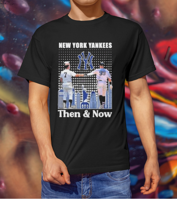 New York Yankees Then And Now Mickey Mantle 7 Aaron Judge 99 Signatures T-Shirt