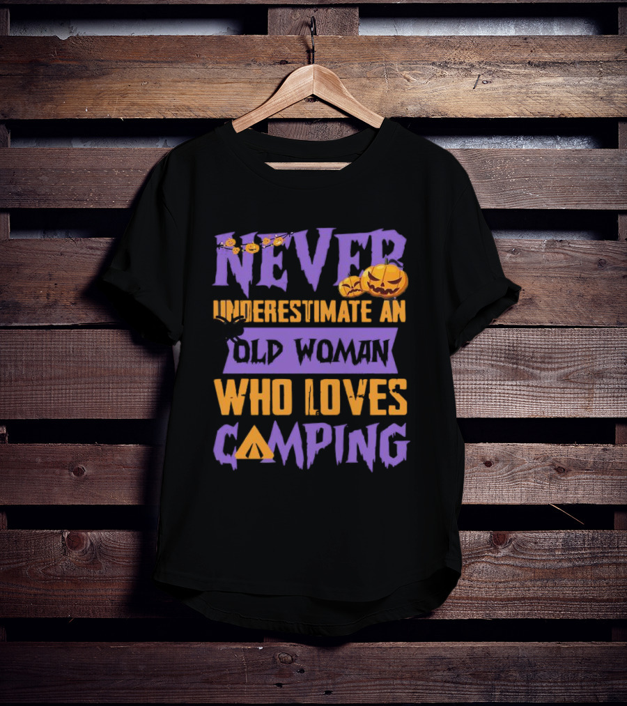 Never Underestimate An Old Woman Who Loves Camping Halloween Pumpkin Spider T-Shirt
