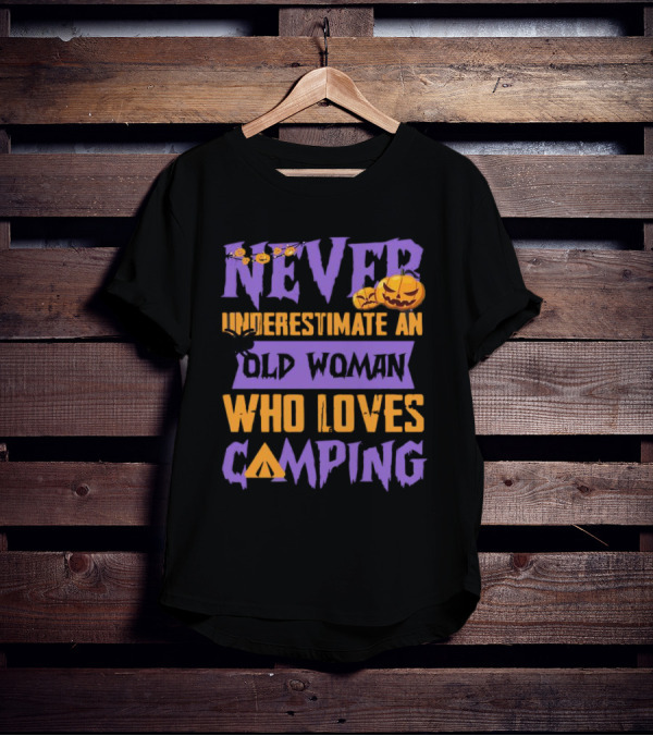 Never Underestimate An Old Woman Who Loves Camping Halloween Pumpkin Spider T-Shirt