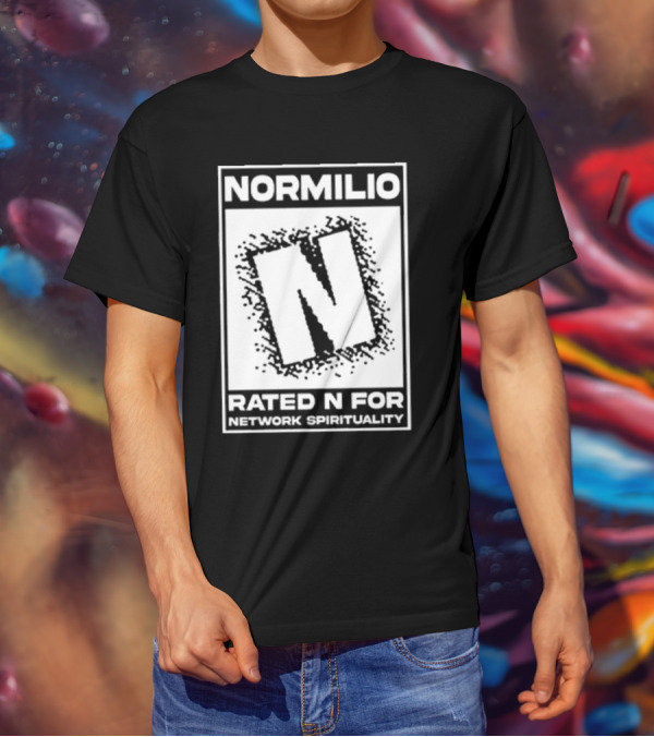 Normilio Rated N For Network Spirituality Bold Text Box With Speckled Explosion Background T-Shirt