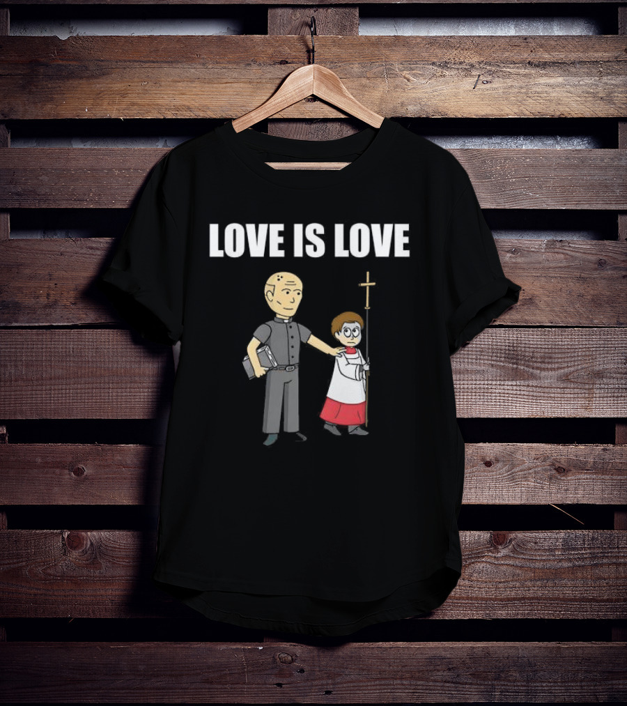 Love Is Love Priest With Cartoon Clergyman And Child Holding Cross T-Shirt