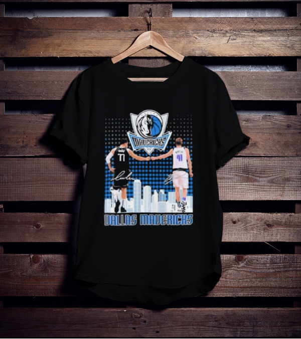 Dallas Mavericks Luka Doncic Dirk Nowitzki Handshake Signatures Skyline T-Shirt