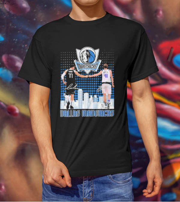 Dallas Mavericks Luka Doncic Dirk Nowitzki Handshake Signatures Skyline T-Shirt