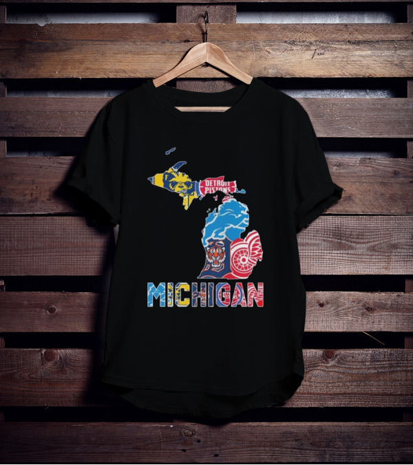 Michigan Lions Wolverines Tigers Pistons Red Wings Map T-Shirt