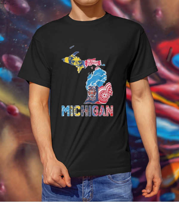 Michigan Lions Wolverines Tigers Pistons Red Wings Map T-Shirt