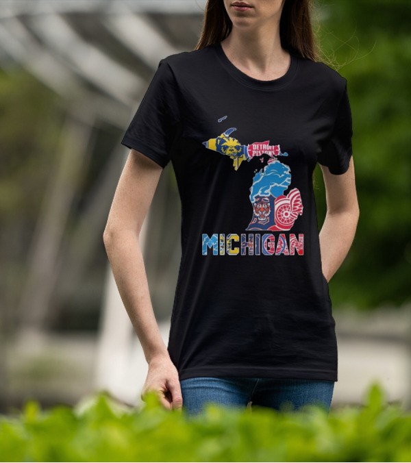 Michigan Lions Wolverines Tigers Pistons Red Wings Map T-Shirt