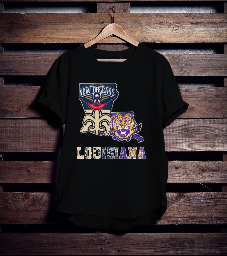 New Orleans Pelicans Tigers Saints Louisiana Map T-Shirt