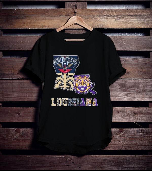 New Orleans Pelicans Tigers Saints Louisiana Map T-Shirt