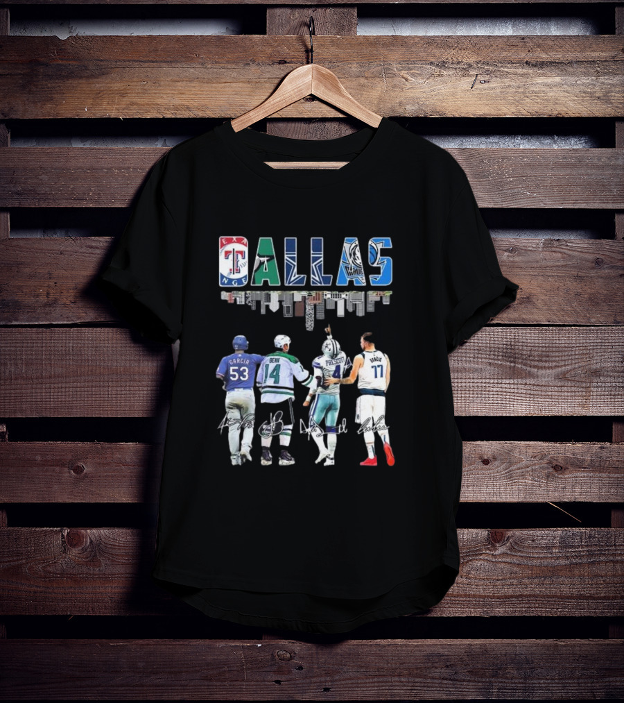 Texas Rangers Garcia Dallas Stars Benn Dallas Cowboys Prescott Dallas Mavericks Doncic Signatures Skyline T-Shirt