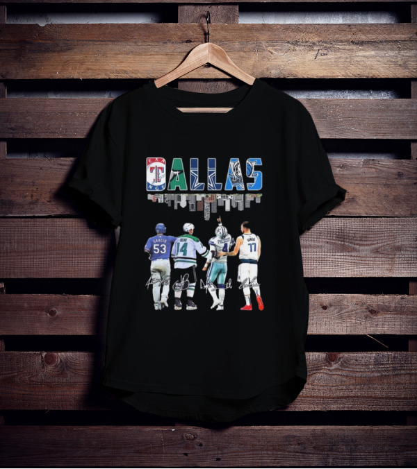 Texas Rangers Garcia Dallas Stars Benn Dallas Cowboys Prescott Dallas Mavericks Doncic Signatures Skyline T-Shirt