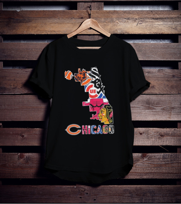 Chicago Cubs White Sox Bulls Bears Blackhawks Maps T-Shirt