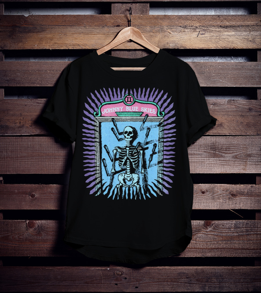 Johnny Blue Skies Skeleton Framed With Knives And Purple Aura T-Shirt