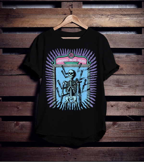 Johnny Blue Skies Skeleton Framed With Knives And Purple Aura T-Shirt