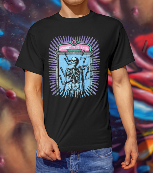 Johnny Blue Skies Skeleton Framed With Knives And Purple Aura T-Shirt